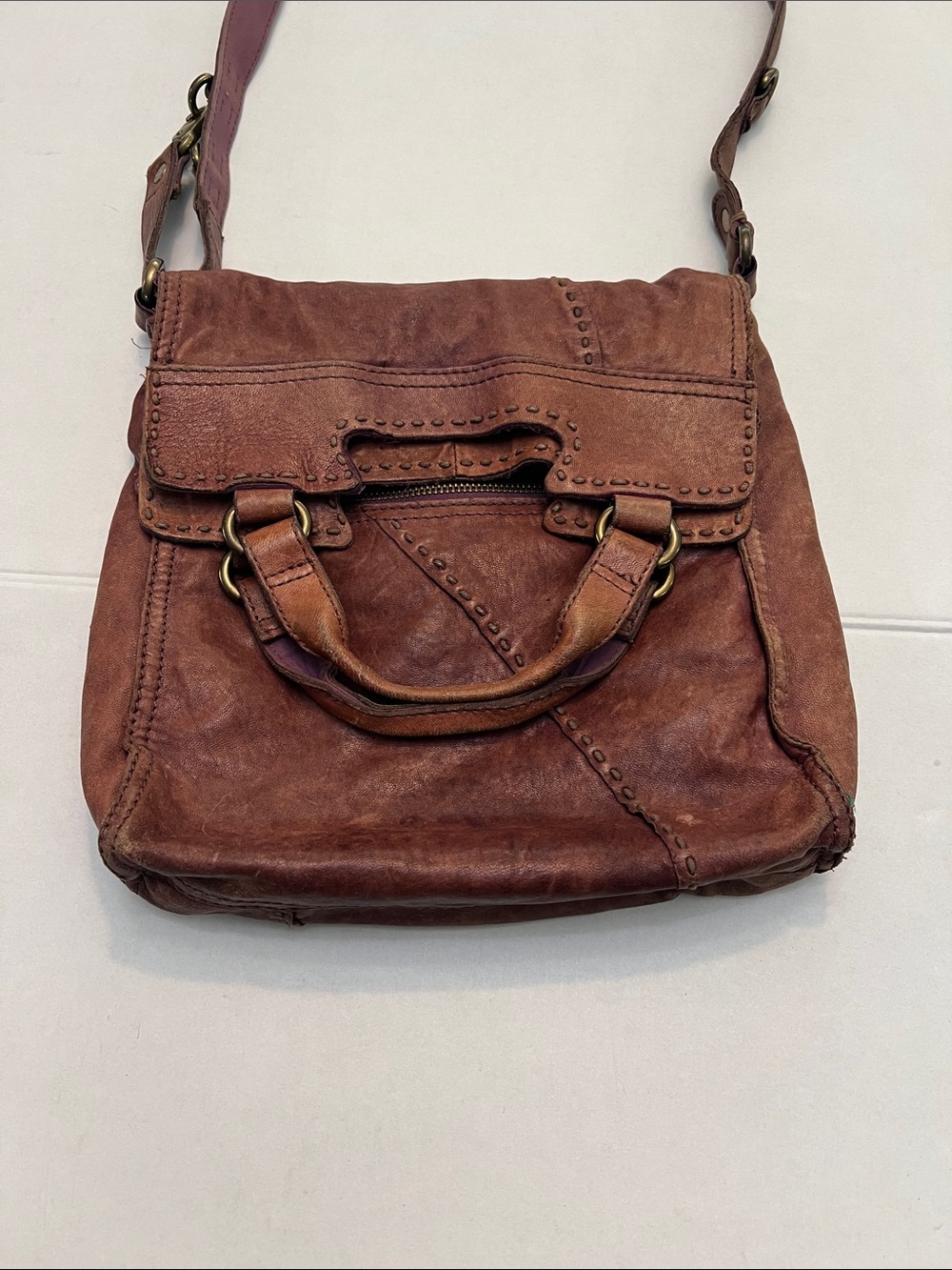 VINTAGE LUCKY BRAND ABBEY ROAD BROWN LAMB LEATHER FOLD-OVER CROSSBODY BAG